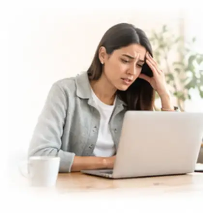 Persona preocupada frente a una notebook que necesita asistencia técnica